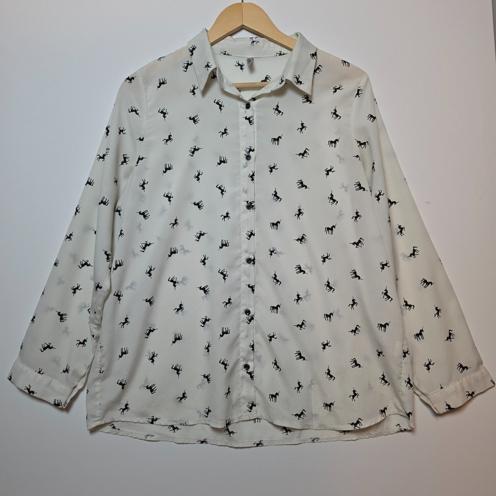 Lovely Unicorn Print Button Down Blouse White Black Long Sleeve Size Large